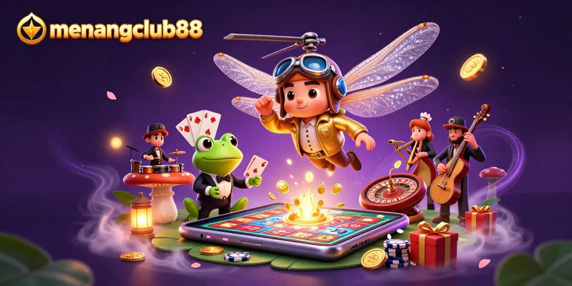 menangclub88 engages players with a lively casino scene featuring a dragonfly pilot and jazz musicians.