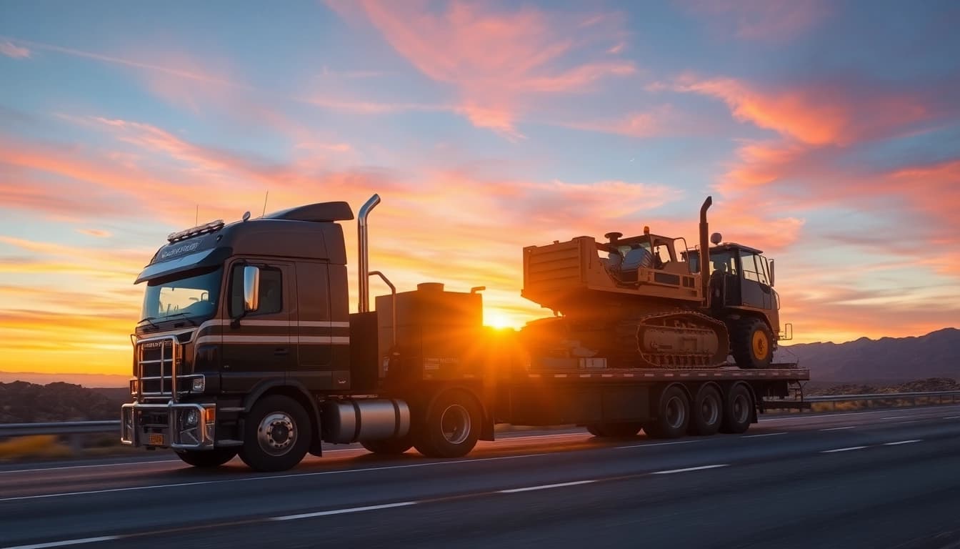 Equipment hailing with a flatbed truck carrying heavy machinery on a scenic highway.