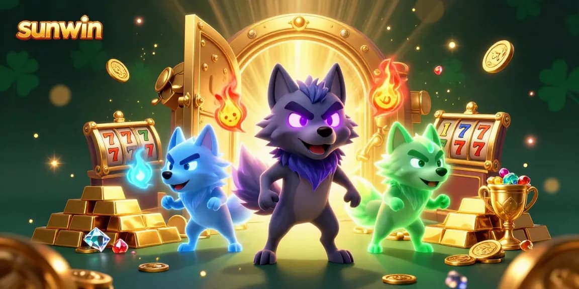 Experience thrilling wins at sunwin with shadow wolves guarding treasure in a vibrant casino scene.
