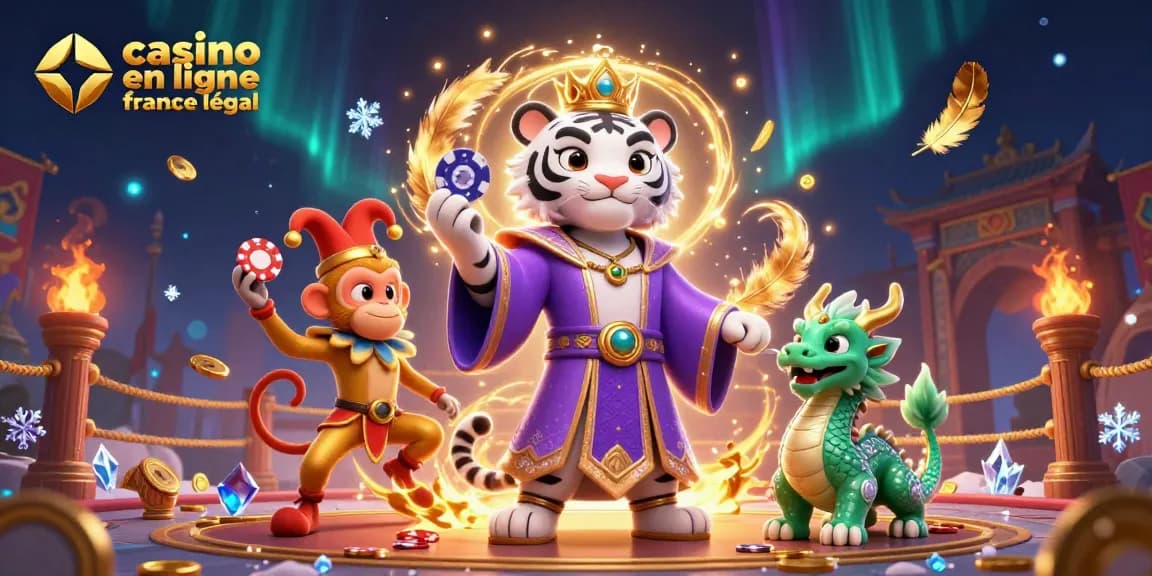 Visitez les jeux de casino en ligne légal en France avec un tigre blanc élégant entouré d'une ambiance festive.