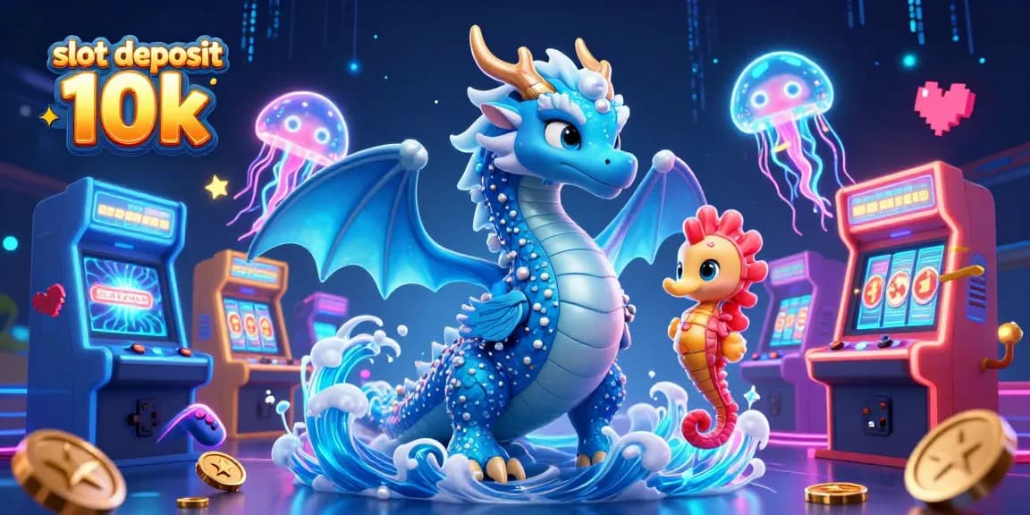 Ilustrasi 3D menampilkan slot deposit 10k dengan naga air, pangeran kuda laut, dan ubur-ubur neon.