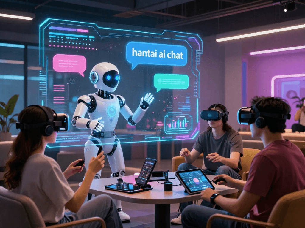 Dynamic scene of a futuristic avatar in an engaging hentai ai chat environment with immersive tech elements.