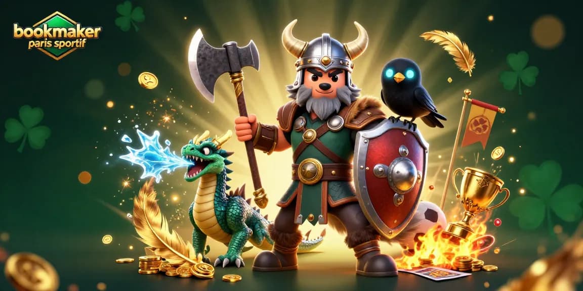 Vivez l'expérience du bookmaker paris sportif avec un Viking loup guerrier, un dragon et un corbeau dans une illustration dynamique.