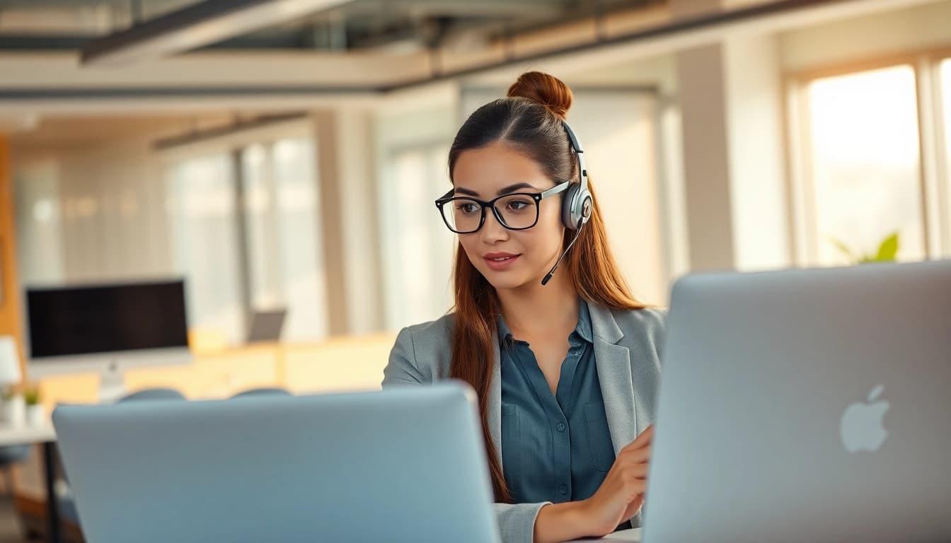 Engaging scene of an executive assistant alternative AI in a vibrant office setup.