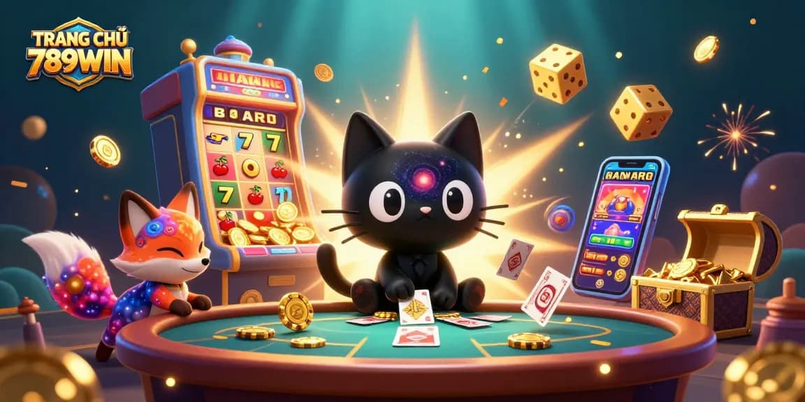 Engaging scene of TRANG CHỦ 789WIN featuring a cosmic cat and colorful fox at a dynamic casino table.