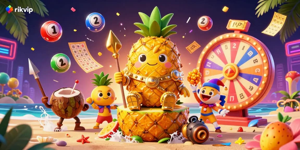 Experience the excitement of rikvip with a vibrant 3D illustration featuring colorful lottery balls and casino characters.