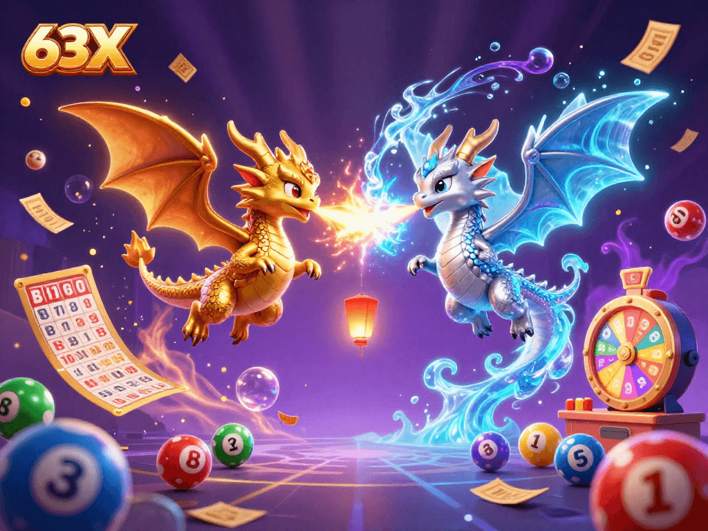 O jogo 63X ganha vida com dragões interligados em ação dinâmica entre prêmios brilhantes.
