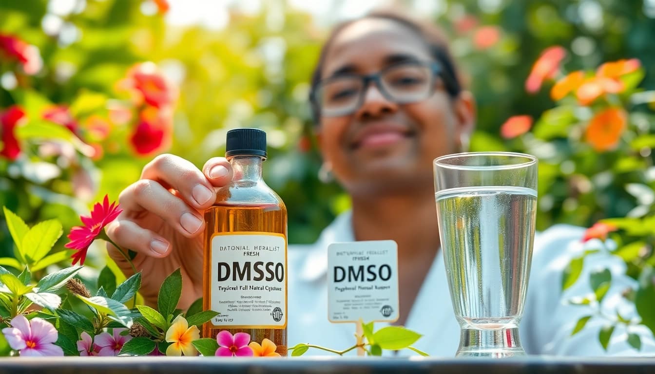 Discover the benefits of drinking dmso in a serene herbalist's setting with natural elements.