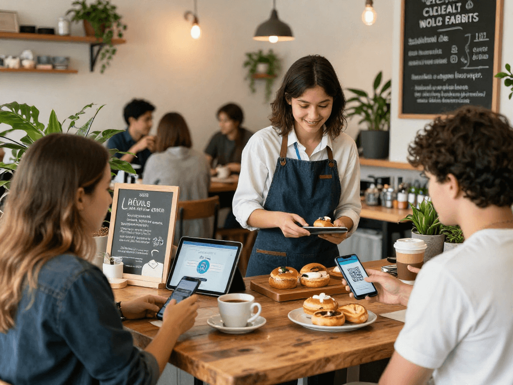 Small business owner demonstrating a loyalty app to customers in a lively cafe setting, enhancing engagement and retention.