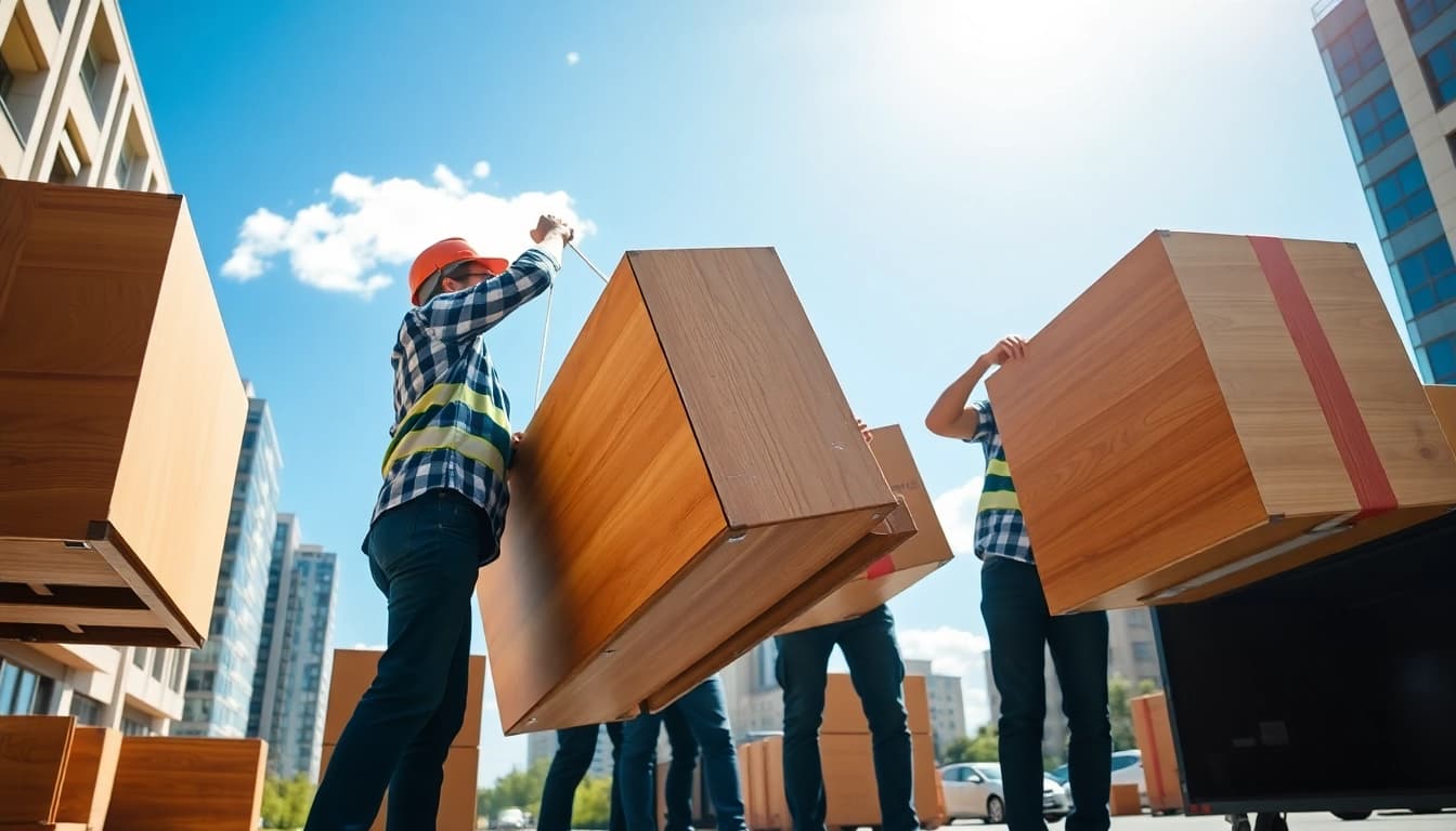 Workers engaged in hauling heavy furniture, demonstrating teamwork and efficiency.