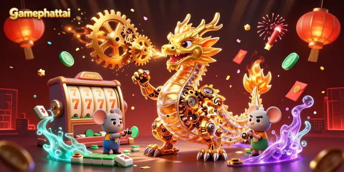 Experience gamephattai with a thrilling 3D illustration of a golden dragon amidst vibrant casino elements.