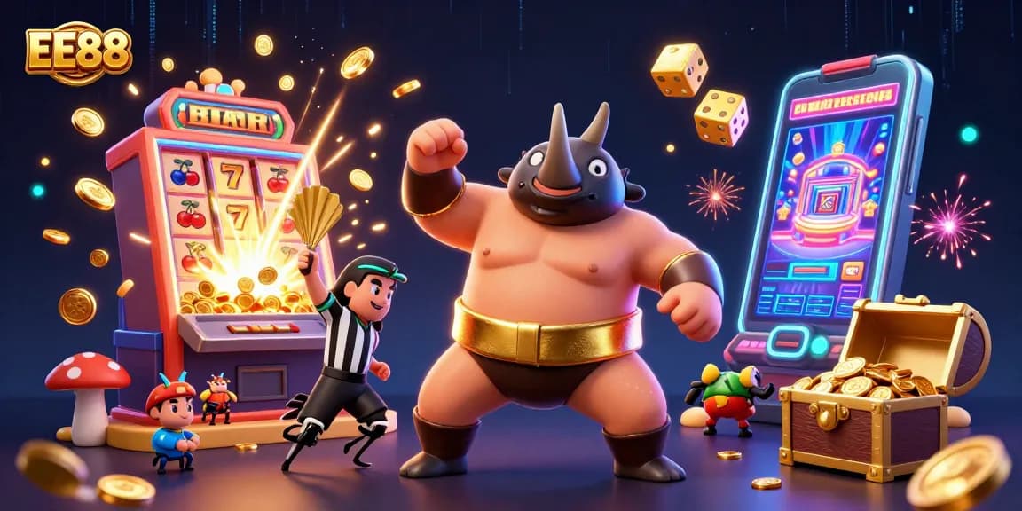 Experience excitement with EE88's vibrant 3D casino artwork showcasing dynamic gaming action
