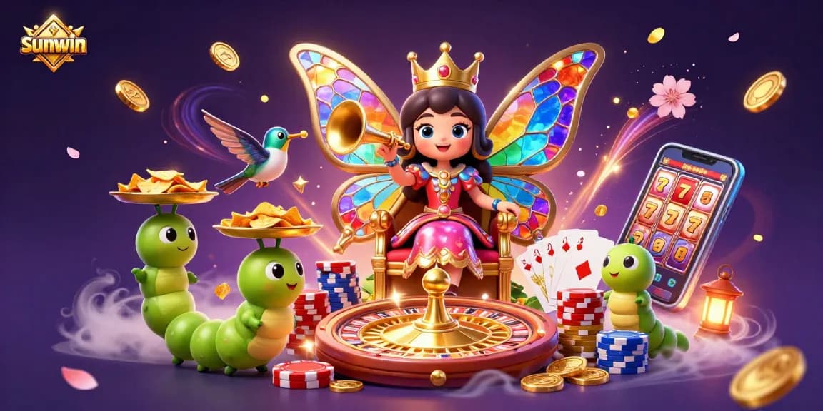 Sunwin’s vibrant casino illustration with a butterfly queen, chips, and a festive roulette wheel.