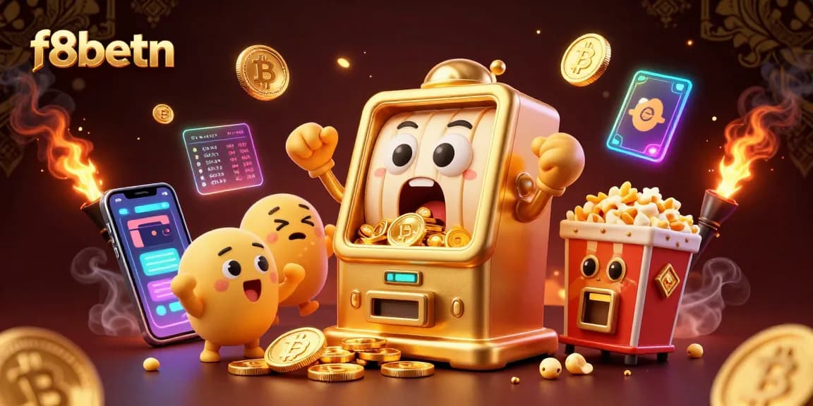 F8betn slot machine hits jackpot as golden coins pour out, surrounded by cheering characters.