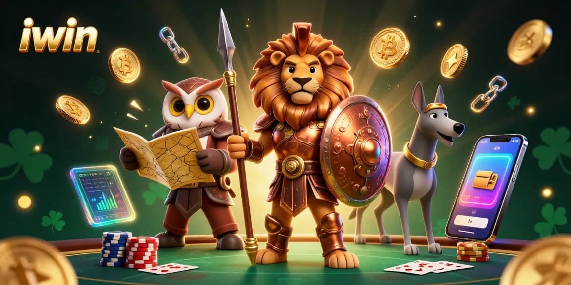Win big at iwin with a vibrant depiction of a Spartan lion and strategic owl in a dynamic casino scene.