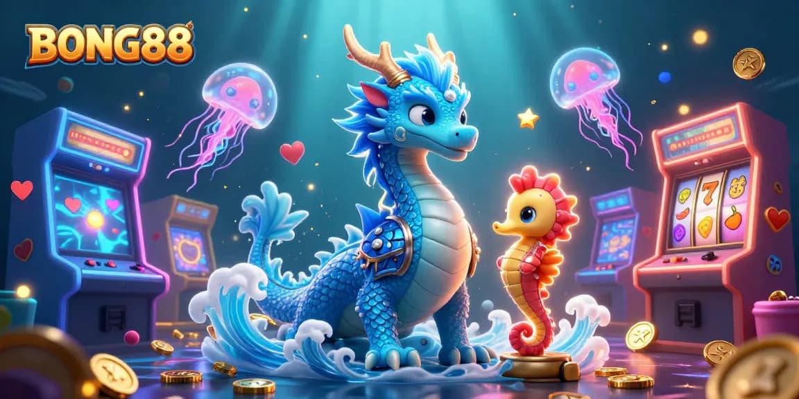 BONG88-inspired illustration showcasing an azure dragon, seahorse knight, and glowing jellyfish amidst vibrant casino elements