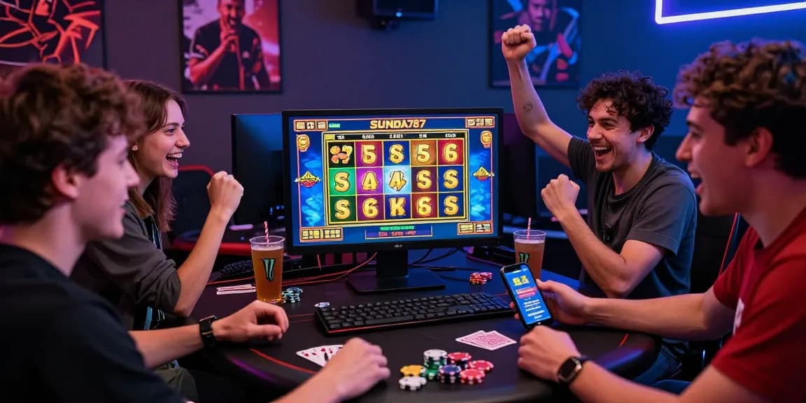 Friends celebrating a win on the SUNDA787 online gaming platform with festive snacks and drinks.