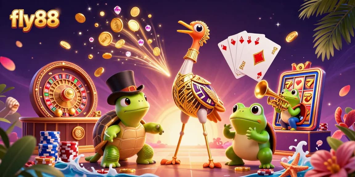 Experience the excitement of fly88 with a lively scene featuring animated characters and casino elements.
