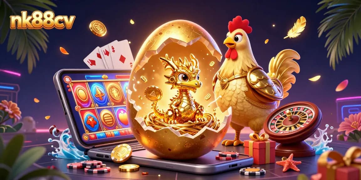 Experience the thrill of nk88cv with a golden baby dragon emerging from a nest of poker chips amidst a dazzling casino scene.