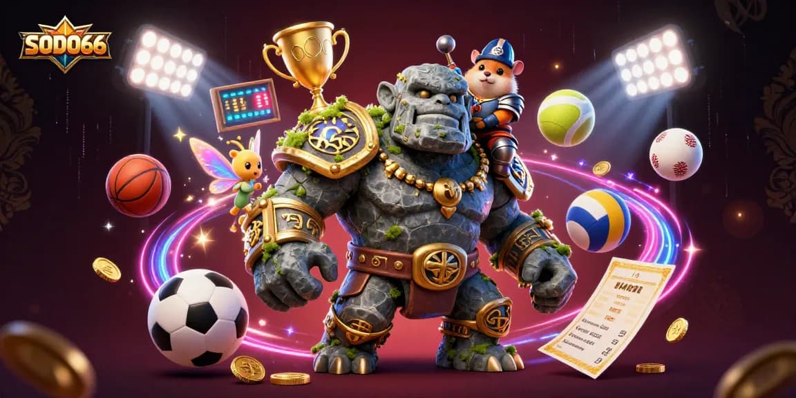 SODO66 players enjoying thrilling games, featuring a dynamic 3D scene with an ancient stone golem and charming fairy.