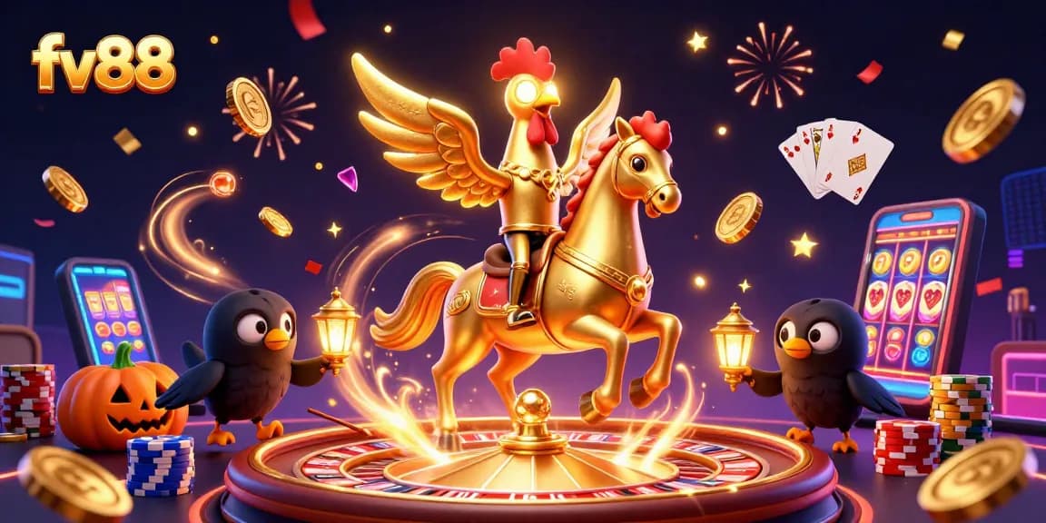fv88 offers thrilling gameplay with a golden rooster and festive elements lighting up the midnight casino.