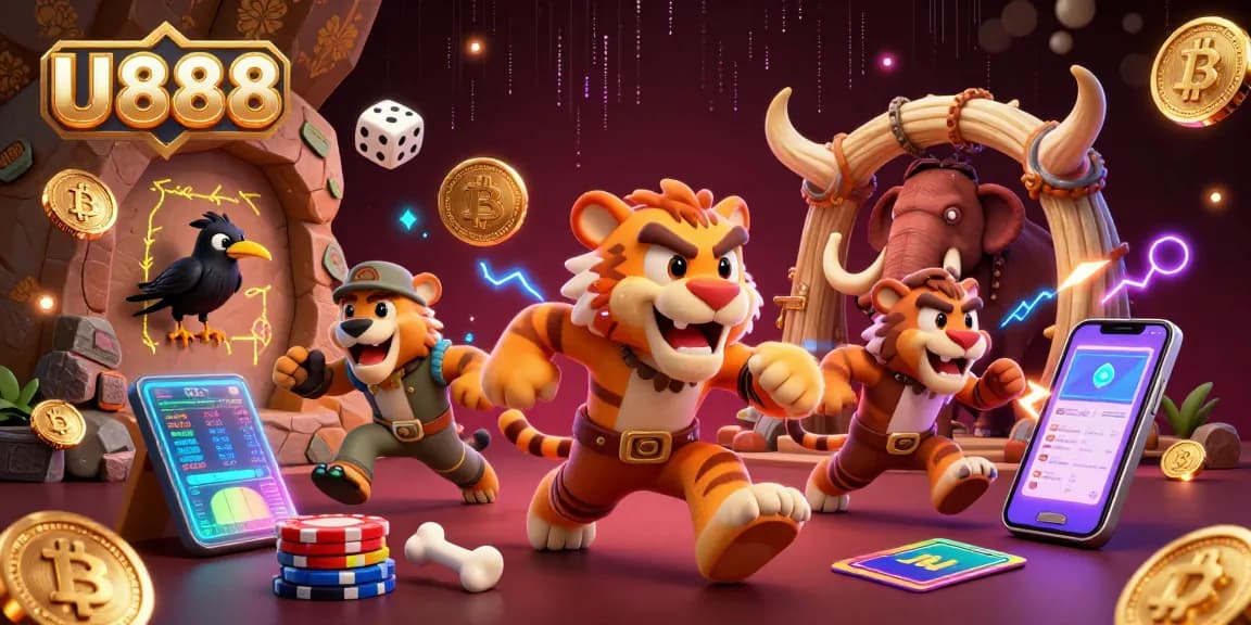 Join the thrilling action at U888 with our vibrant casino-themed illustration featuring dynamic characters and exciting gaming elements.