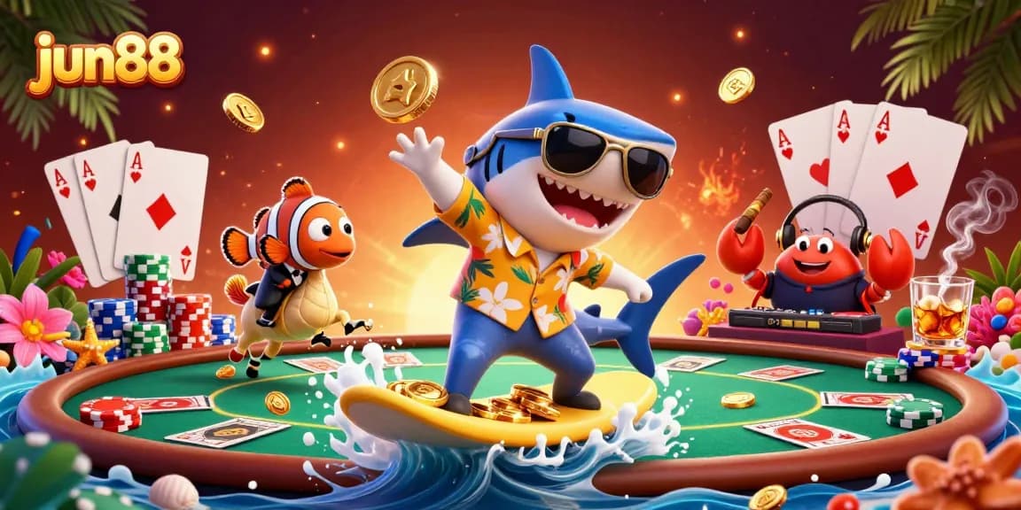 Experience the thrill of jun88 gaming with colorful characters and a vibrant casino backdrop.