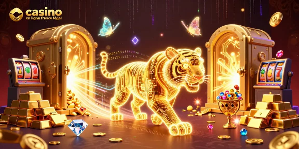 Une illustration de casino en ligne France légal avec un tigre en lumière et des symboles de machines à sous.