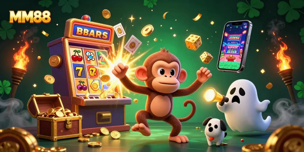 Engage with MM88's vibrant slot games surrounded by a playful poltergeist monkey and curious puppy.