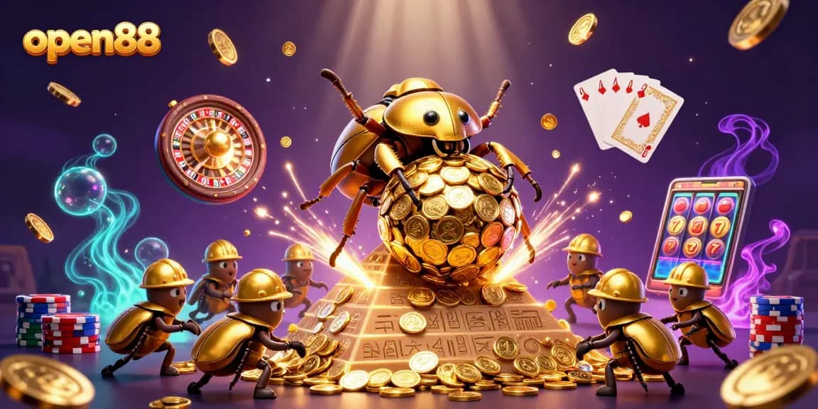 Experience the excitement of open88 with golden beetles rolling coins and casino games!