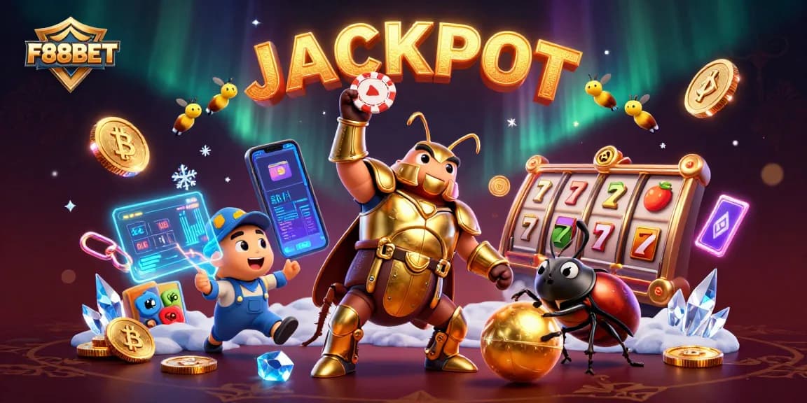 Play exciting games with F88BET featuring a victorious beetle and glowing casino elements