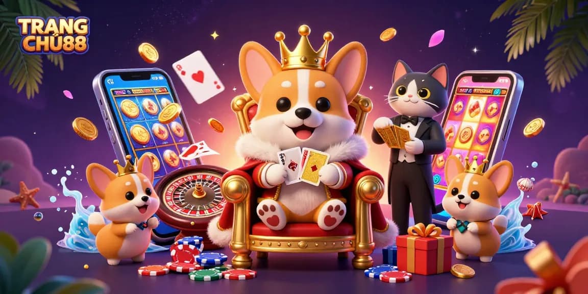 Experience TRANG CHỦ sx88 with stunning royal corgi gaming scene featuring vibrant casino elements.