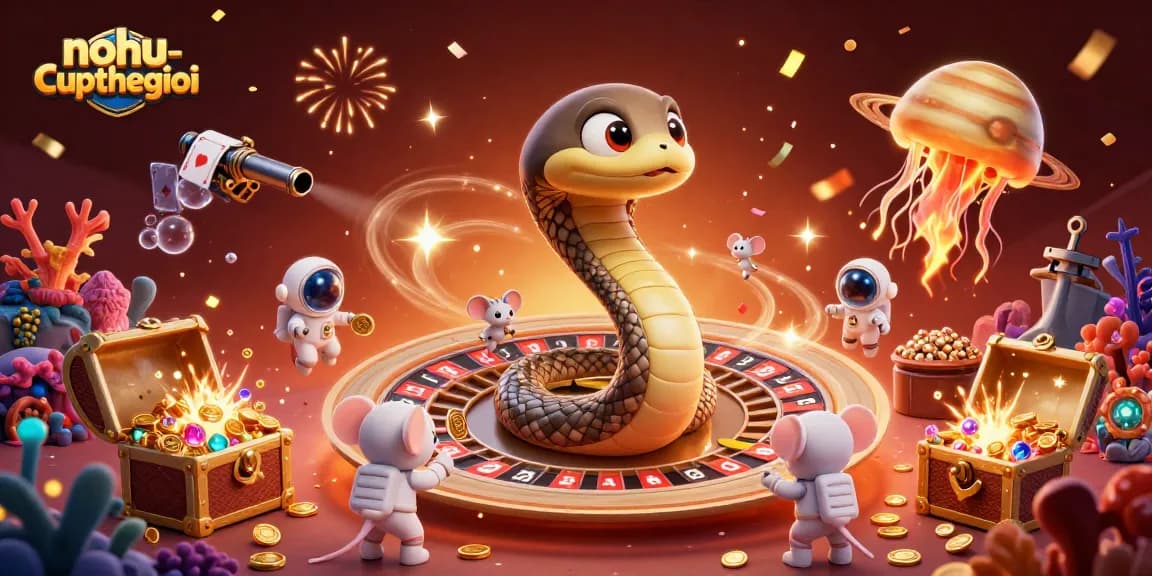 Nohu-cupthegioi presents a vibrant 3D scene where a cosmic theme blends casino action with a delightful twist.