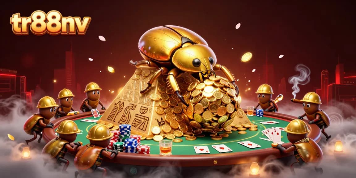 Engage with tr88nv's thrilling casino world featuring golden beetles, poker chips, and vibrant action.