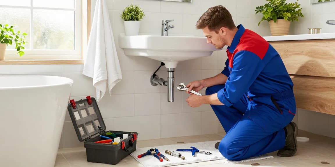 Skilled plumber providing local plumbing services in Stevenage in a bright bathroom.