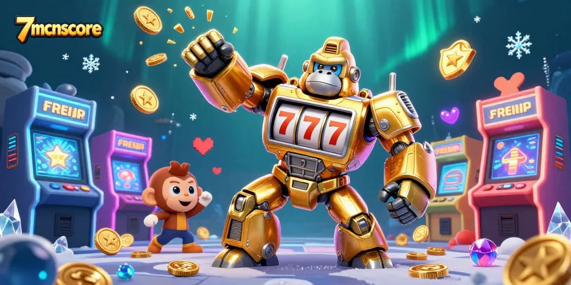 Experience thrilling adventures with 7mcnscore featuring a golden gorilla mech and arcade games.