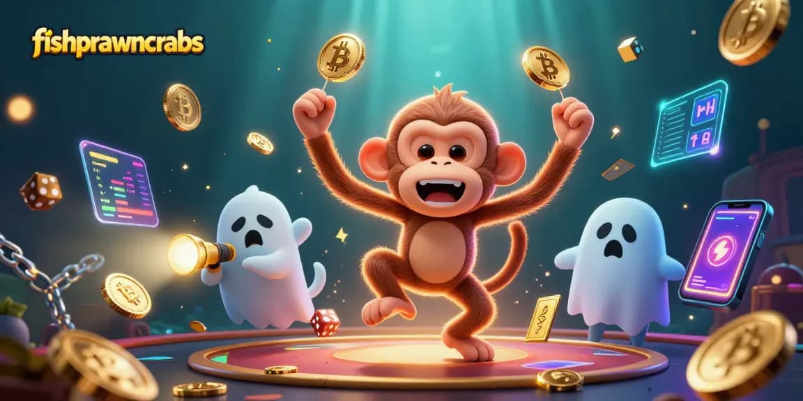 Experience the thrilling action of fishprawncrabs with juggling monkey and ghost-hunter puppy in a haunted casino.