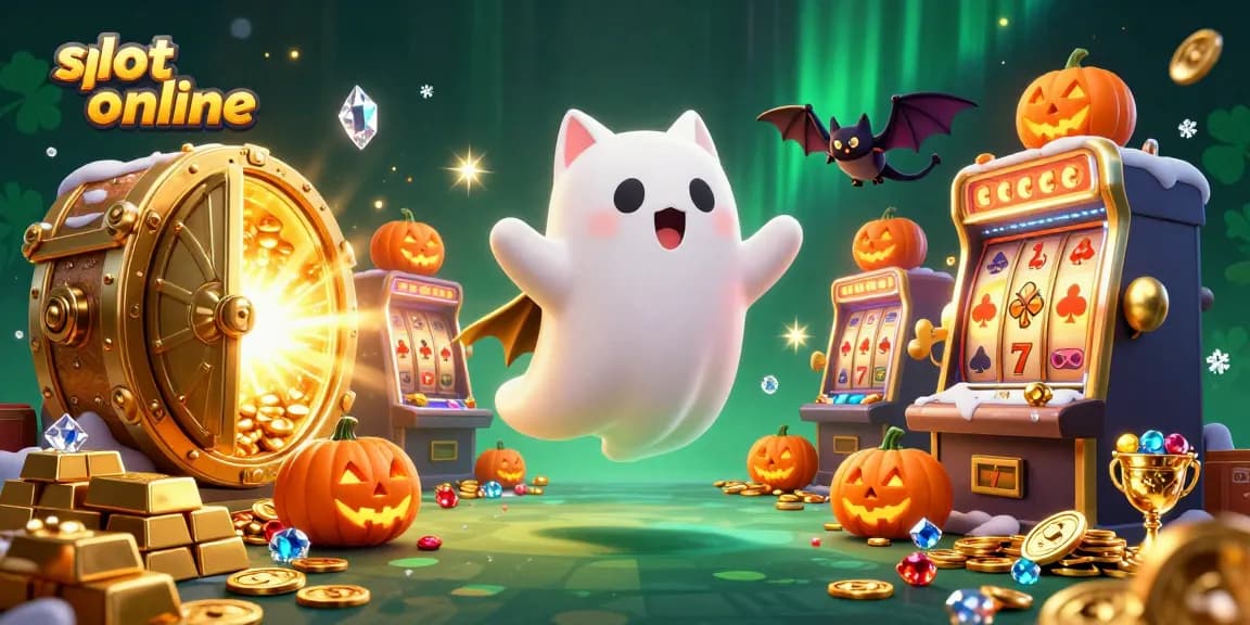 Experience thrilling slot online gameplay with a ghost cat at a haunted casino, surrounded by treasures.