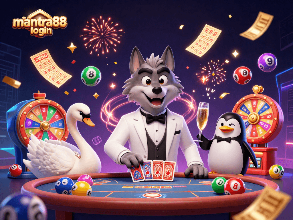 Join the fun at mantra88 login with colorful lottery balls, a stylish wolf, swan card dealer, and a sophisticated penguin sommelier.