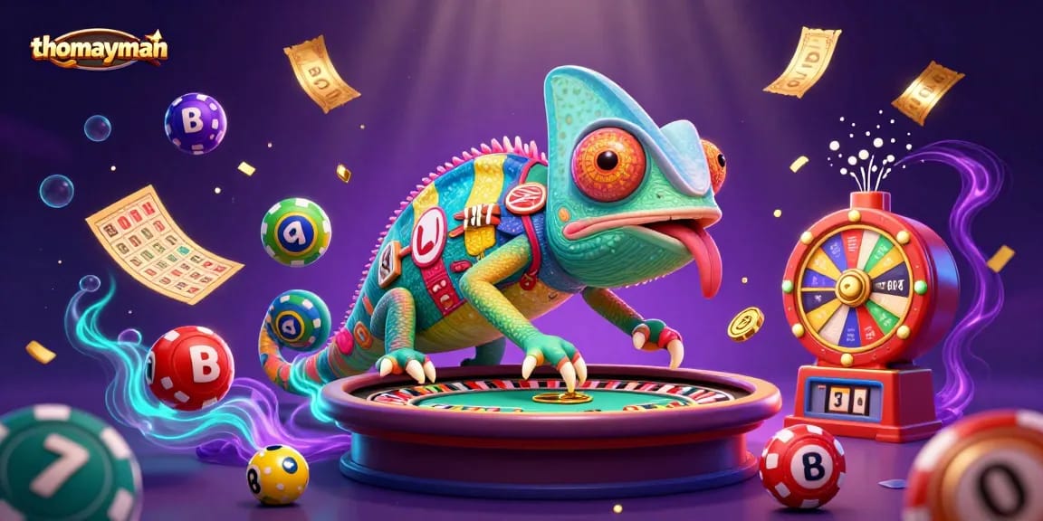 Engage with thomayman`s online adventures featuring a dynamic chameleon casino owner amid vibrant gaming elements.
