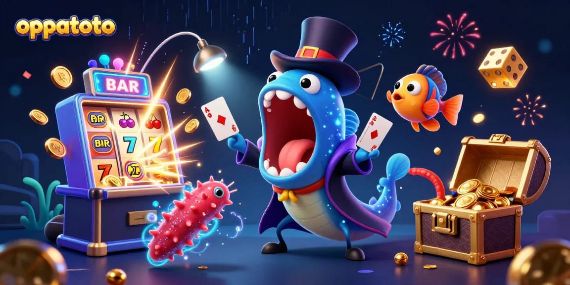 Experience thrilling wins at oppatoto with our vibrant deep-sea casino scene featuring unique underwater characters.
