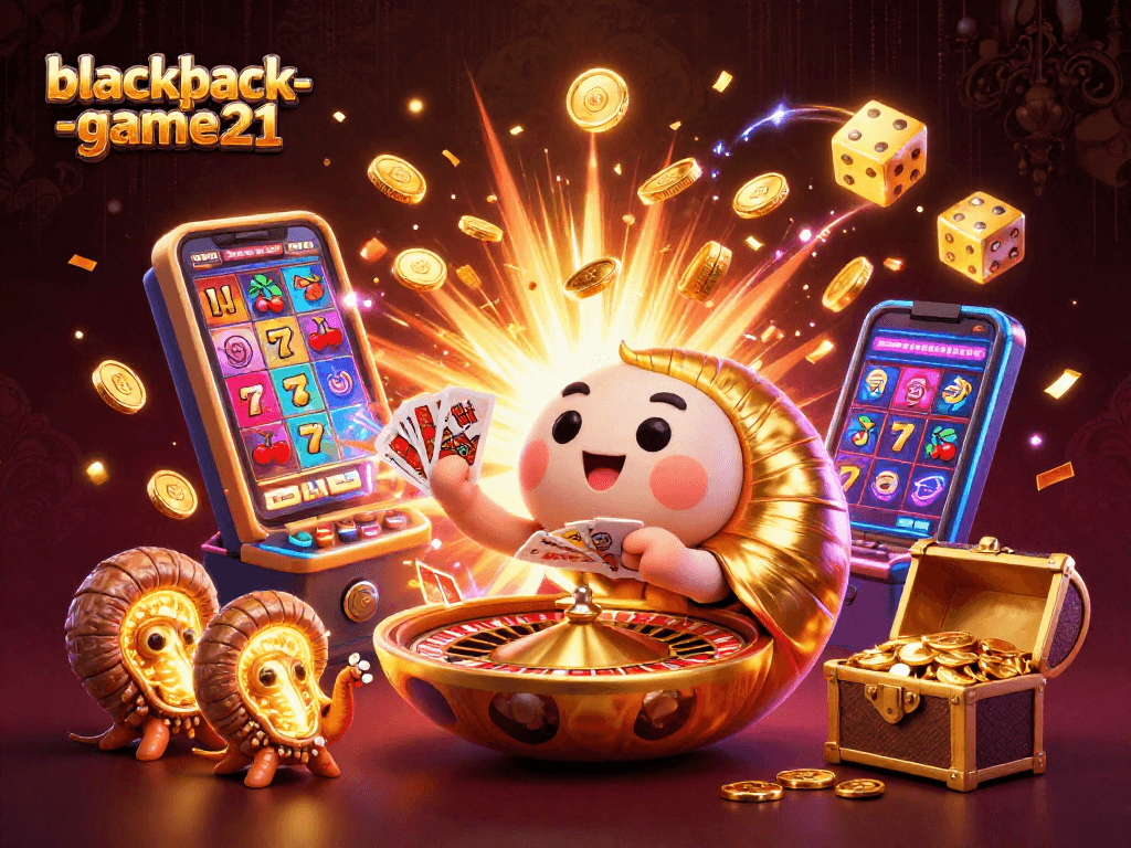 Experience thrilling gameplay at blackjack-game21 with a vibrant 3D casino illustration showcasing epic wins and colorful game elements.