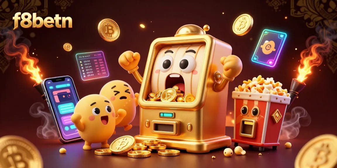 F8betn slot machine hits jackpot as golden coins pour out, surrounded by cheering characters.