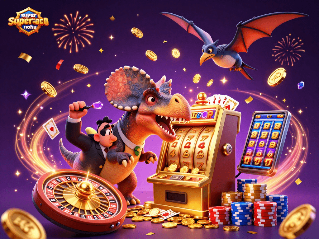 Engage with superace-nohu as dinosaurs celebrate winning a jackpot with flying coins and lights!