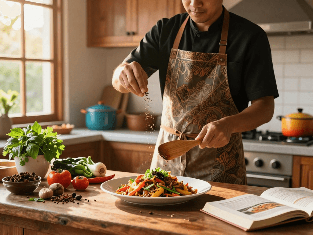 Menyiapkan masakan di dapur cerah saat matahari terbenam, situs epictoto untuk menginspirasi pengalaman kuliner.