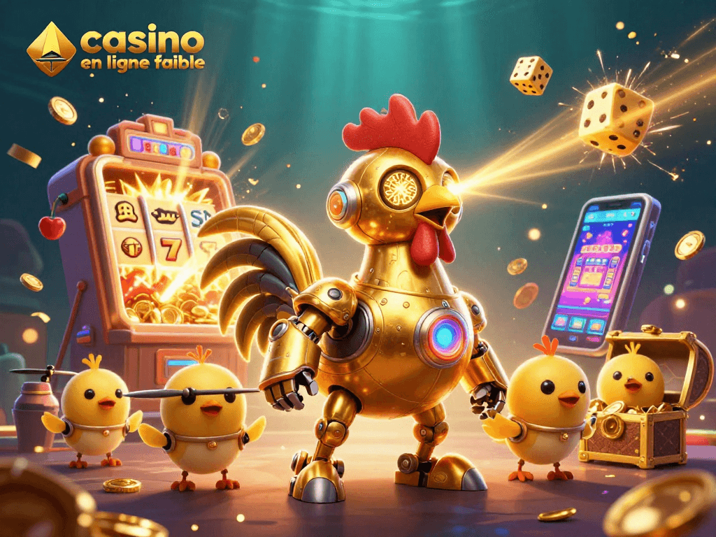 Illustration dynamique de casino en ligne fiable avec un robot doré et des drones mignons, jackpot explosif.