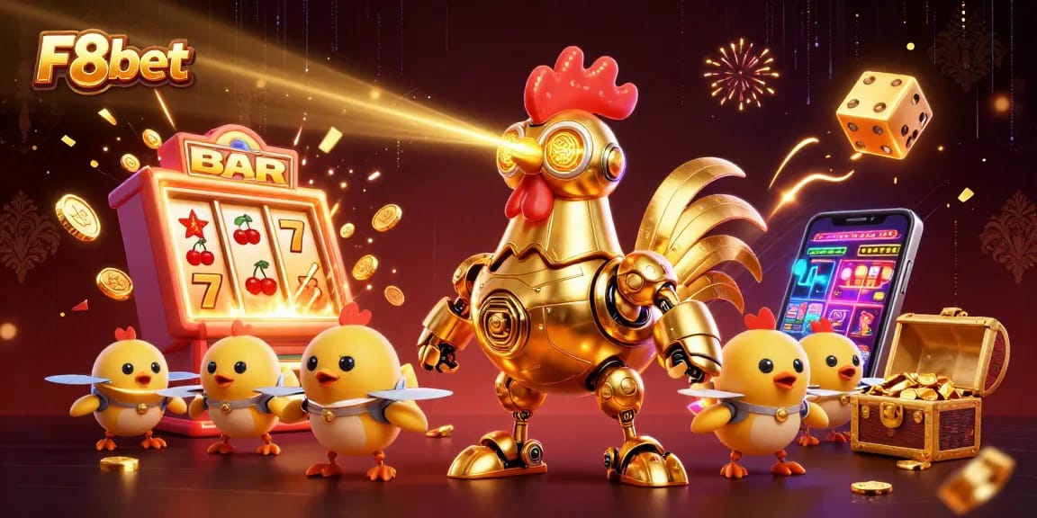 Experience thrilling gaming adventures with F8bet featuring a golden rooster robot amidst vibrant casino scenes.