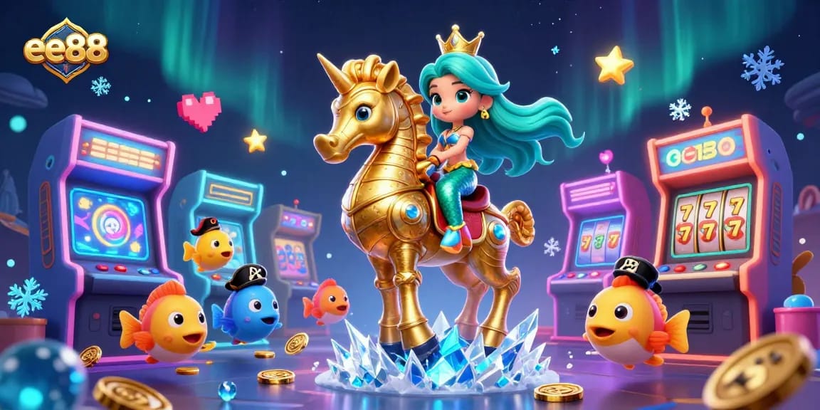 Engage with the enchanting world of ee88, featuring vibrant casino elements and a magical mermaid scene.