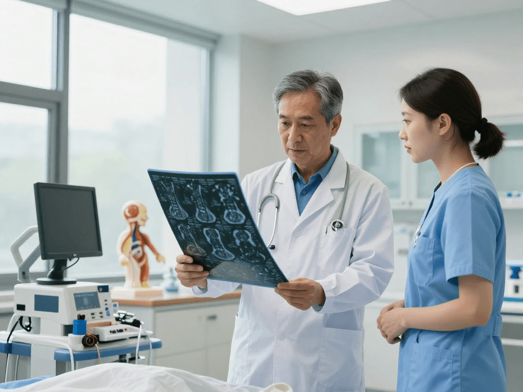 Bel fıtığı ameliyatı consultation scene with neurosurgeon discussing MRI results.