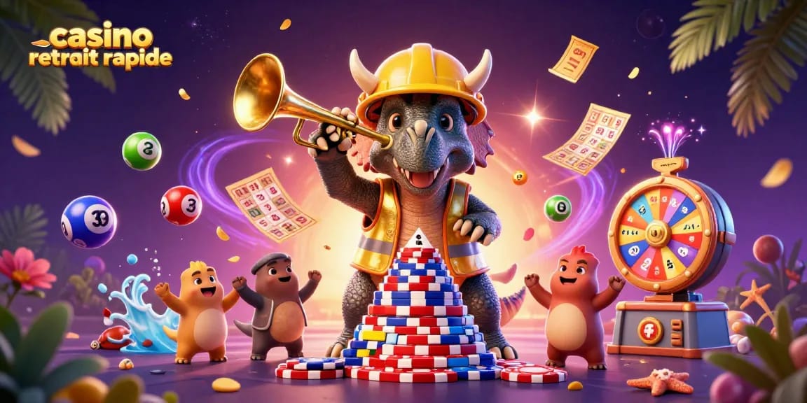 Gagnez rapidement avec le casino retrait rapide, illustré par un triceratops et un parasaurolophus célébrant.